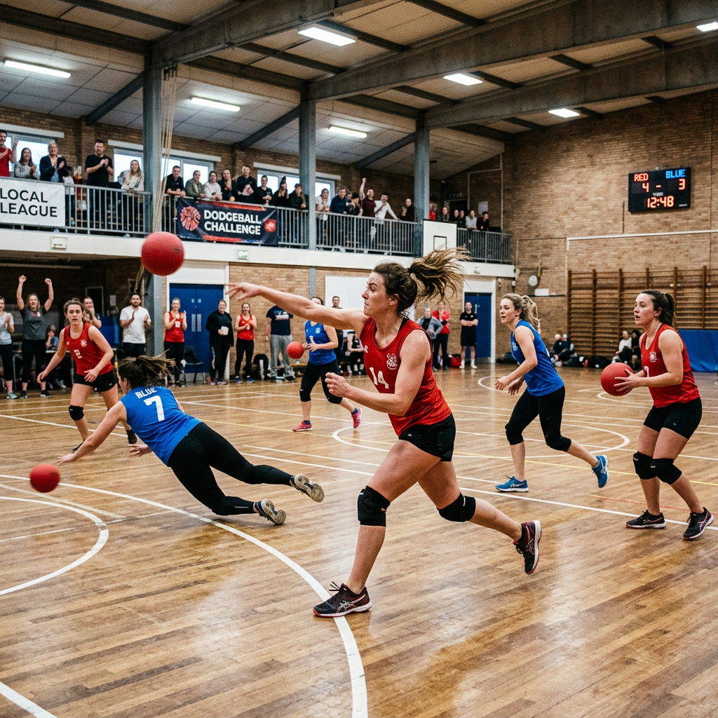 Indoor dodgeball game with players in red and blue uniforms actively playing and spectators in the background