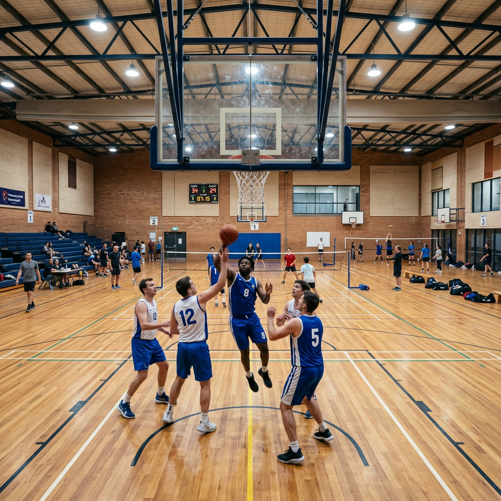 Basketball players in blue and white jerseys jumping near the basket during a game